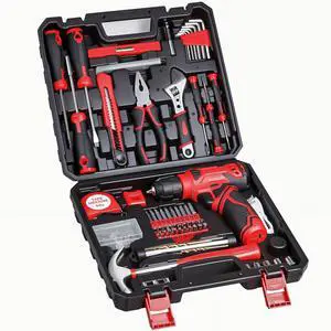 Tool Set - Tool Kit with 8V Cordless Drill 132 Piece Tool Box with Drill Home Tool Kits for Men & Women Hand Drill Set Perfect for Homeowner Diyer Handyman - Red