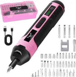 Electric Screwdriver Pink 3.6V Rechargeable Cordless Screwdriver 5N.m Max Torque 4-Gear Torque LED Light 105 Pcs Ideal for Women Daily & Light Industrial Use