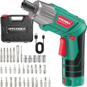 Cordless Screwdriver HYCHIKA 4V 2.0Ah Electric Screwdriver Rechargeable Screw Gun & Bit Set Front LED and Rear Flashlight Ratchet Wrench DC Charging with USB Cable 36pcs Accessories