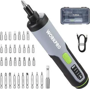 4V Electric Screwdriver Rechargeable Cordless Screwdriver Set with 35 Bits Extension Rod USB Charging Cable in Carrying Case LED Light Black Gray