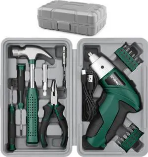 Electric Screwdriver 19pc 3.6V Green USB Small Power Screwdriver Set. Cordless & Rechargeable with Compact Hand Tool Box Set