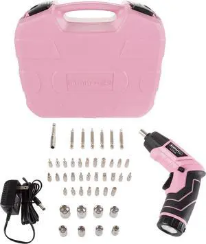 Pivoting Electric Screwdriver - 45-Piece Pink Tool Set - Cordless Power Tool with 3.6V Lithium Battery and LED Flashlights by (Pink)
