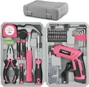 42pc Pink 4V USB Electric Power Driver & Household Tool Kit. Cordless Power Screwdriver and Hand Tools in a Compact Box Case