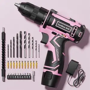 Pink Cordless Drill Set Electric Power Drill for Women Lightweight Electric Screwdriver Driver with Battery & Charger 3/8 Keyless Chuck Womens Tool Kit for Home DIY Projects