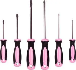Magnetic Screwdriver Set - 6 Piece Phillips Head and Flat Head Hand Pink Tool Set for Women & Ladies - Insulated Screwdriver Kit with Magnetic Tip - Screw Drivers Set