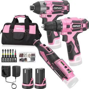 Pink Household Power Tool Combo for Women(3-Tool), 12V Lightweight Cordless Drill with Battery x2, Impact Driver and Rotary Tool Kit-Home Tool Kit for DIY, Home Improvement