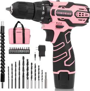 Pink Cordless Drill Set for Women 12V Lightweight Electric Screwdriver with 3/8 Keyless Chuck 1.5Ah Battery - Portable Power Drill Kit with Pink Tool Bag for Home DIY Projects