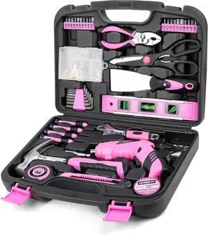 Pink Household Tool Set with 3.6V USB Electric Screwdriver 136 PCS Home Tool Kit with Cordless Lithium-ion Drill Driver Hand Tool Kits for Women