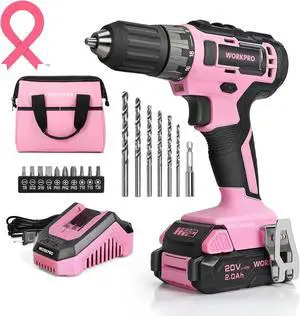 20V Pink Cordless Drill Driver Set 3/8 Keyless Chuck 2.0 Ah Li-ion Battery 1 Hour Fast Charger and 11-inch Storage Bag Included - Pink Ribbon
