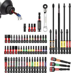 66Pieces Impact Screwdriver Bits Set Magnetic S2 Steel Phillips/Slotted/Square/Torx/Hex Insert Power Bits Tips with Impact Bit Holder and Impact Nut Driver and Mini Wrench
