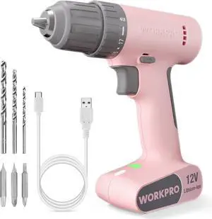 Pink Cordless Drill Driver Set 12V Electric Power Drill Tool Kit with 6 Pcs Bits 3/8-Inch Keyless Chuck Variable Speed 18 Touque Setting Type-C Charge Cable Led Light Pink Ribbon