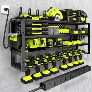 Large Power Tool Organizer Wall Mount with Charging Station 8 Outlet Power Strip 4 Layers 8 Drill Holder Heavy Duty Metal Tool Storage Loads 420lbs with Screwdriver Holder Utility Racks for Garage