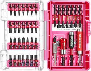40Pieces Impact Screwdriver Bits Set Magnetic S2 Steel Phillips/Slotted/Square/Torx Insert Power Bits Tips Impact Bit Holder with Pink Storage Box Case