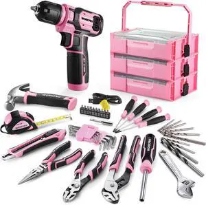 Pink Cordless Drill Driver with Toolbox 8V Lithium-ion Power Drill and Bits 2.0 Ah Portable Electric Screwdriver Home Tool Set with Stackable Pink Ribbon Tool Box