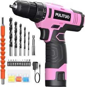 12V Pink Cordless Drill Set Power Drill Kit with Battery and Charger electric drill home improvement 3/8-Inch Keyless Chuck Built-in LED 21+1 Torque Setting small drill