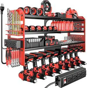 Large Power Tool Organizer Wall Mount with Charging Station 4 Layer Heavy Duty Metal Cordless Tool Organizer Tool Storage Rack with 8 Cordless Drill Holder Screwdriver Hammer(Red)