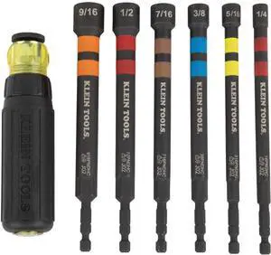 Klein Tools 32950 Ratcheting Impact Rated Hollow Power Nut Driver Set with Handle Magnetic Color Coded 6 SAE Hex Sizes and Handle Included