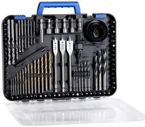 Drill Bit Set Titanium Twist Brad Point Driver Bits Drill and Screwdriver Bits Combo Kit with Case for Metal Wood Concrete and Masonry 100 Pieces-Blue
