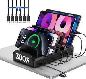 300W Charging Station for Multiple Devices 8 Port Multi USB C Fast Charger Station Dock for MacBook iPhone 16/15/14/13/12  Pixel Series iPad Black (6 Mixed Short Cables Included)