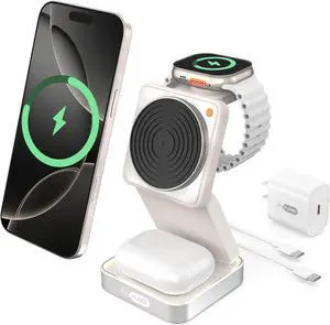 3 in 1 Magnetic Wireless Charging Station for Mag-safe Charger Foldable Travel Charger with Night Light 15W Fast Charging Stand with 25W Adapter for iPhone16-12  Watch AirPods -Beige
