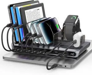 Charging Station for Multiple Devices - 140W USB C Fast Charging Stand with Digital Display for Laptop iPad iPhone Charging Dock with Smartwatch & Airpods Holder