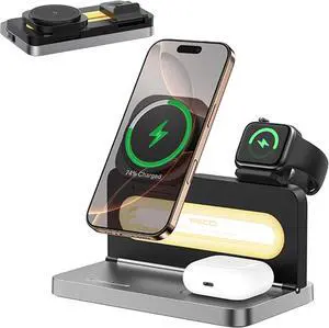 4-in-1 Wireless Charger with Adjustable Night Light Magnetic Foldable Stand for iPhone 12-16/ Watch/AirPods 15W Fast Charging Bedside Dock - Multi-Device Compatible