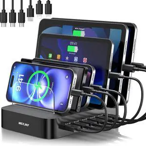 Charging Station for Multiple Devices : 6 Port USB Charger Stations - Family Multi-Device Organizer Charging Dock - Designed for iPhone iPad Android Cell Phone Tablet and Electronic Black