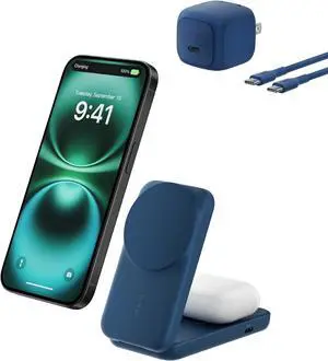 MagSafe Charger Compatible 2-in-1 Charging Station Qi2.2 25W Magnetic Wireless Charger Dock Foldable Stand with 5W USB-C Port for iPhone 16/15/14 AirPods (45W Adapter Included)