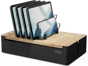 Prosumers Choice Black Wooden Charging Station Organizer for Multiple Devices - Cable Management Box with 5 Slots and Removable Dividers - Charger Organizer for Phone Tablet Home Office 12x6x7