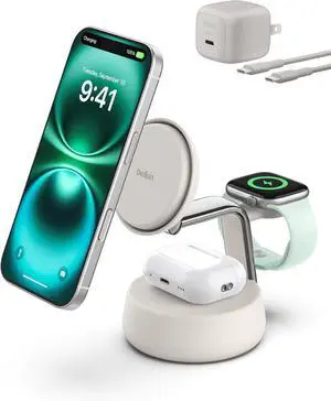 MagSafe Charger Compatible 3-in-1 Charging Station Qi2.2 25W with Cooling Fan (On/Off Control) Magnetic Wireless Charger Stand for iPhone 16/15/14  Watch AirPods (45W Adapter Included)