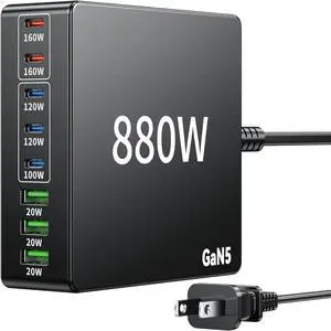 880W USB C Charger Block Charging Station 8 Port Fast Chager 140W PD PPS HUB Laptop MacBook Charger Compatible with All iPhone 17 Pro Max/17 Air/16 SE/ Galaxy 25/ MacBook Pro/Air/iPad Pro