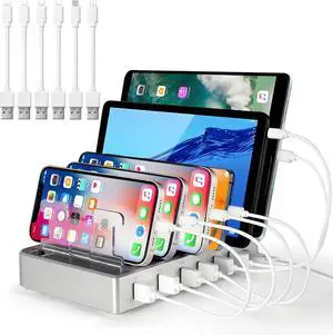 Charging Station for Multiple Devices 6 Ports USB Multi Devices Charger Fast Cell Phone Charging Station for iPhone iPad Tablets (Silver 6 Mixed Cables Included)