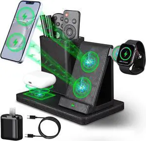 White Leather Pen Holder Desk Organizer with 3-in-1 Wireless Charger for Phone Earbuds Watch - Desktop Phone Stand Birthday Gifts for Women mom Gifts (Black)
