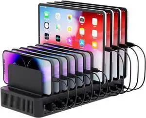 60W Charging Station for Multiple Devices 10-Port USB Fast Charging Station with Adjustable Dividers - Device Organizer Charging Dock for iPhone Android iPad Tablets & More