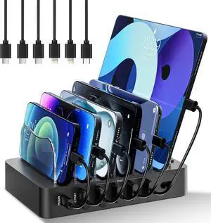Charging Station for Multiple Devices 68W 6 Port Phone Charger Dock with 6 Cables 20W Black Fast Charging Station Compatible with  Cellphone iPad iPhone Tablet