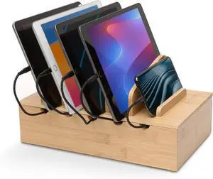 Prosumers Choice Wooden Charging Station Organizer - 5-Port Base for Phones Tablets and Laptops - Multi-Device Docking Station with Removable Divider Slots - Cord Box with Cable Management - Bamboo