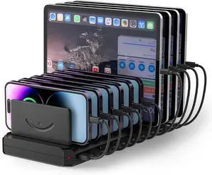 Charging Station for Multiple Devices 60W 10 Port USB Fast Charging Station with Adjustable Dividers Compatible with iPhone iPad Tablets and Cell Phone (Black)
