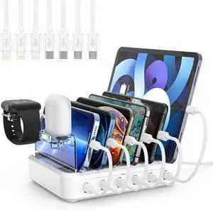 Charging Station for Multiple Devices 60W 6 Port Charger Station with 7 Mixed Charging Cables USB Charging Dock Compatible with Cellphone Tablet Kindle iPhone iPad and More (White)