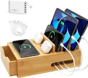 Bamboo Charging Station for Multiple Devices Desk Charging Organizer with Drawer & Tray Wood Docking Station for Multi Devices Cell Phone Tablet (Included 6 Cables 5 Port USB Charger)
