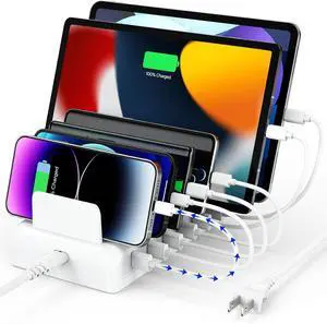Charging Station for Multiple Devices 50w 6 Port Fast Charger Stations for iPhone iPad Cell Phone Tablet Multi Device Charging Dock Organizer with 6 Mixed Charging Cables