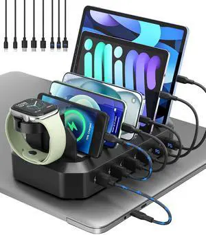 95W Fast Charging Station for Multiple DevicesPatent & Safety Certs 6-Port USB Charging Dock with 2 PD Ports Compatible with Cellphones/iPad/MacBook/Kindle/Tablets (8 Mix Cables & 2 Stands Included)