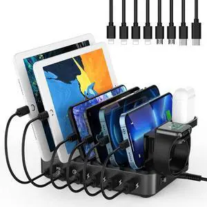 Charging Station for Multiple Devices 68W 6 Ports USB Charger Station with 20W PD USB-C Fast Charging 8 Short Charging Cables Included Compatible with iPhone 15/14 /13/12 Galaxy iPad Tablets