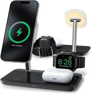Wireless Charging Station for iPhone 16/15/14/13/12 Series 4 in 1 Mag-Safe Charging Stand for Multiple  Watch Series 9-1/Ultra/SE&Airpods 4/3/2/Pro Magnetic Wireless Charger with Night-Lamp