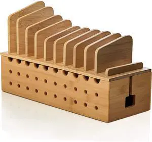 Prosumers Choice Multiple Charging Station Rack with Cable Box Organizer - Bamboo Desk Organizer for 10 Devices and Cord Management - Compatible with Smartphones and Tablets