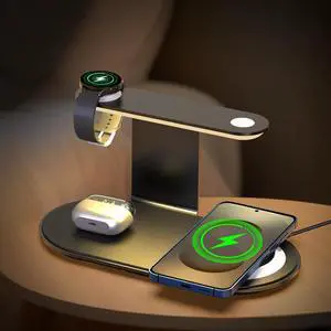 4-in-1 Charging Station for /Android with 3-Level Night Light 18W Wireless Charger for Galaxy S25 Ultra/S24/S23/S22/Note 20 Galaxy Watch Ultra/8/7 Galaxy Buds 3 Pro(Black)