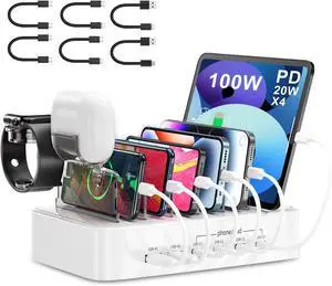 100W Charging Station for Multiple Devices - 6-Port Phone Charger Station 4-PD USB C Fast Charging Station Organizer for iPhones|Android|iPads|Kindles|Watch|Tablet
