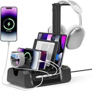 Charging Station for Multiple Devices - 6 in 1 Cellphone Charging Dock with Headphone Stand and Watch Holder - 2 AC&USB A&USB C Storage Charger Station for Smartphone Tablets  Watch(Black)