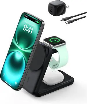 MagSafe Charger Compatible 3-in-1 Charging Station Qi2.2 25W Magnetic Wireless Charger Dock Foldable Charging Stand for iPhone 16/15/14  Watch AirPods (45W Adapter Included)