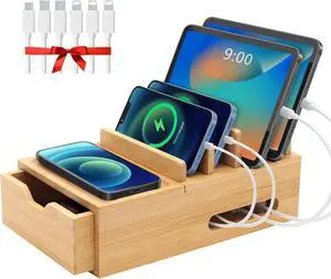 Bamboo Charging Station for Multiple Devices Desk Charging Organizer with Drawer & Tray Wood Docking Station Included 6 Cables Compatible with iPhone Devices Cell Phone Tablet (No USB Charger)
