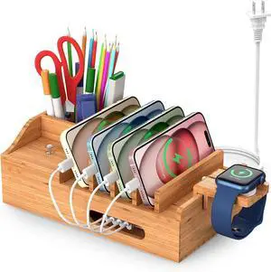 Bamboo Charging Station for Multiple Devices with 5 Port USB Charger 5 Charger Cables and Smart Watch Stand. Wood Desktop Dock Stations Electronic Organizer for Cell Phone Tablet Watch Office